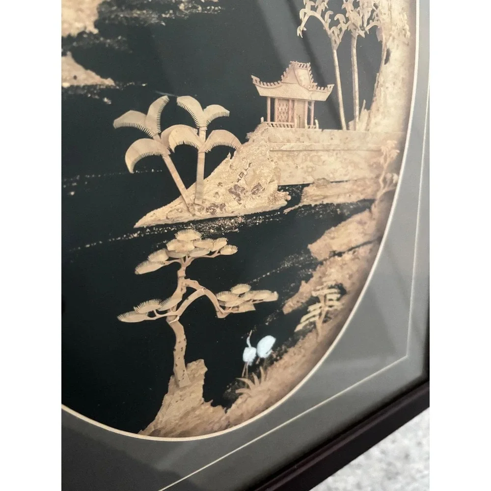 Vintage Asian Landscape Cork Art Framed Oval Scene‎ Pagoda Cranes Home Decor